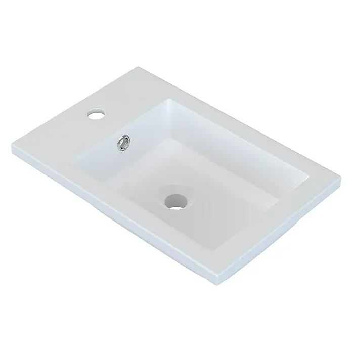 Camargue Espacio Einbauwaschbecken Guest - 50 x 33,5 cm, Weiß - Nahaufnahme eines weißen Aufsatzwaschbeckens mit rechteckiger Form und Armaturenloch, ideal für moderne Badezimmerdesigns.