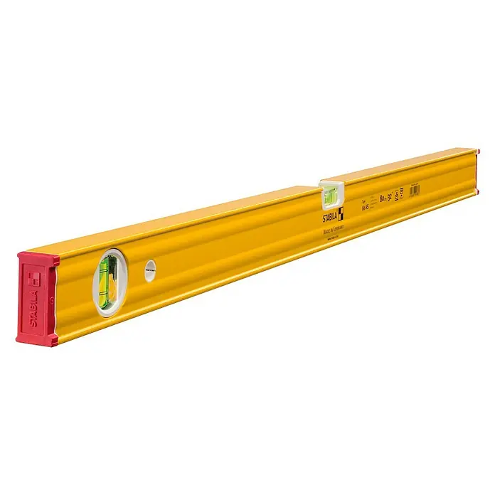 Stabila Wasserwaage 80 ASLänge: 80 cm, Anzahl Libellen: 2 Stk. - Eine gelbe Stabila Wasserwaage mit roten Endkappen, ideal für präzise Messungen auf Baustellen und im Heimwerkerbereich.