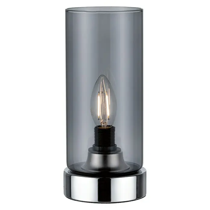 Paulmann Tischleuchte Pinja - 20 W, L x B x H: 11 cm x 11 mm x 24,4 cm, Rauch, Chrom, E14 - Elegante graue Tischleuchte mit zylindrischem Glasschirm und chromfarbener Basis. Die Lampe sorgt für eine stimmungsvolle Beleuchtung im Raum.