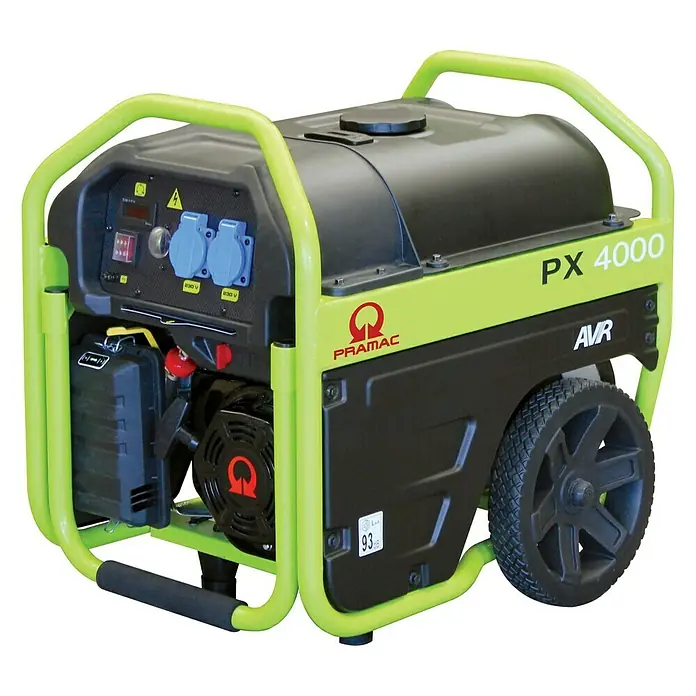 Pramac Stromerzeuger PX4000 - 2,3 kW, Tankvolumen: 18,5 l, Verbrauch: 1,29 l/h - Tragbarer Pramac PX4000 Stromerzeuger mit grünem Rahmen und Rädern für einfache Mobilität, ideal für Baustellen und Outdoor-Aktivitäten.