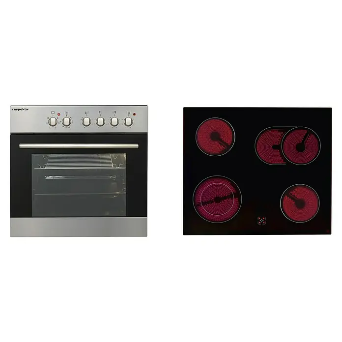 Respekta Premium Küchenzeile RP210WSCBO - Breite: 210 cm, Schwarz, Mit Elektrogeräten - Elektroherd mit Backofen der Marke Respekta. Das Kochfeld hat vier Kochzonen. Das Kochfeld ist aus Glaskeramik und die Kochzonen sind rotglühend.