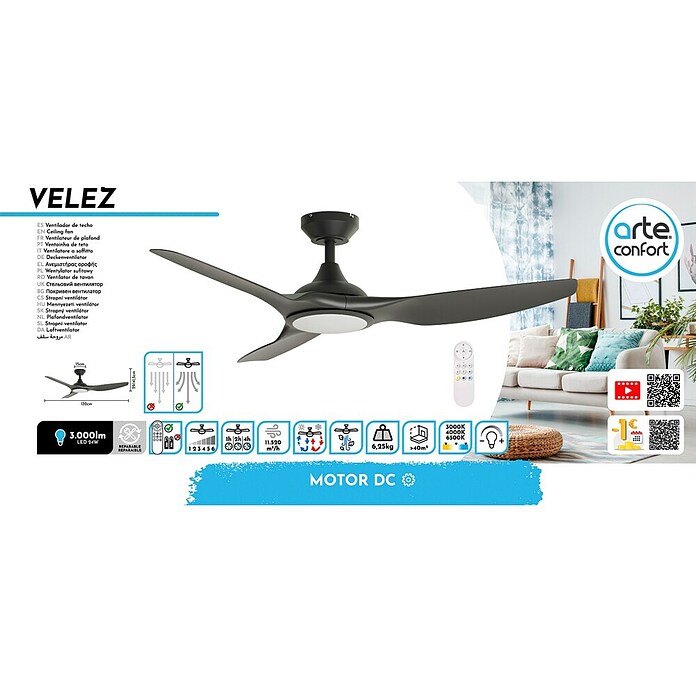 Arte confort Ventilador de techo Velez (Negro, 132 cm, 35 W, Blanco neutro) | BAUHAUS