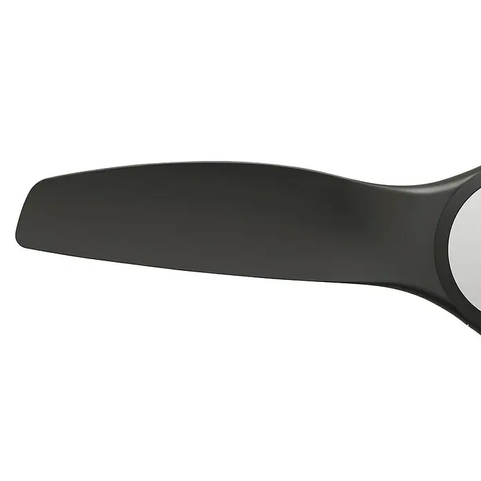 Arte confort Ventilador de techo Velez - Negro, 132 cm, 35 W, Blanco neutro - Primer plano de una sola pala de rotor en gris oscuro con un cubo gris claro sobre un fondo negro.