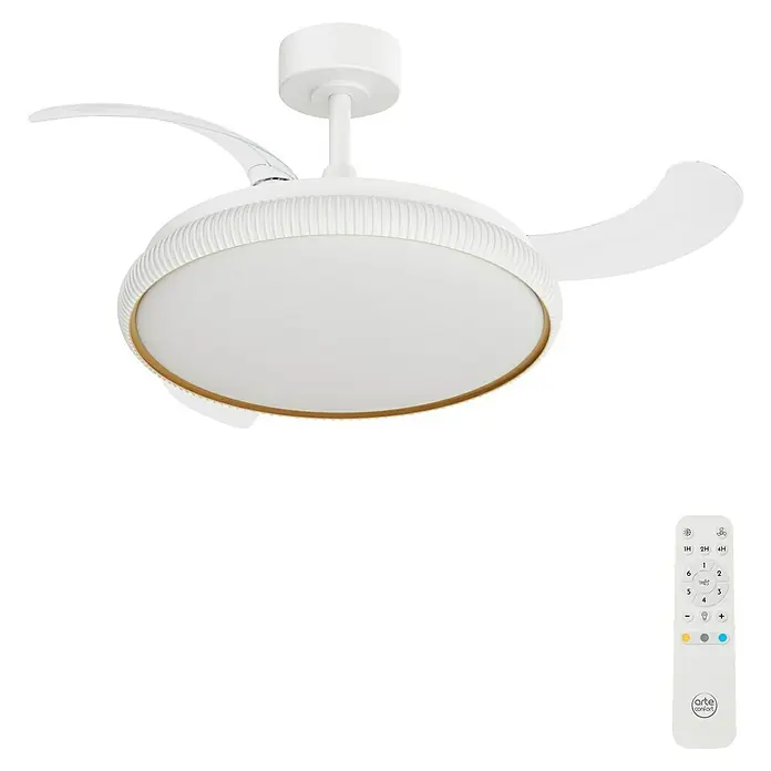 Arte confort Ventilador de techo Ruvik M - Blanco, 107 cm, 25,5 W, Blanco cálido - Un ventilador de techo blanco con iluminación integrada y control remoto para un manejo cómodo.