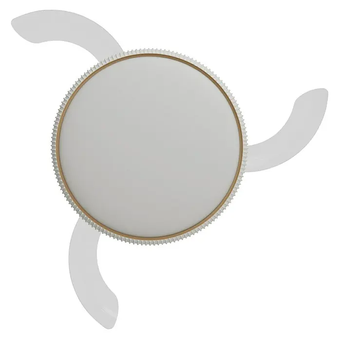 Arte confort Ventilador de techo Ruvik M - Blanco, 107 cm, 25,5 W, Blanco cálido - Primer plano de una lámpara de techo redonda y blanca con un borde dorado y detalles decorativos. La lámpara desprende una elegancia sencilla.