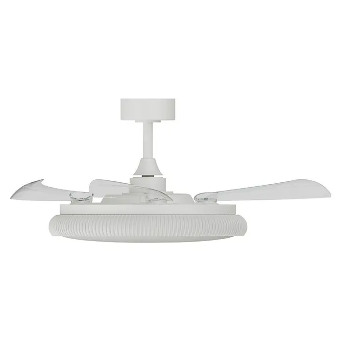 Arte confort Ventilador de techo Ruvik M - Blanco, 107 cm, 25,5 W, Blanco cálido - Primer plano de un ventilador de techo blanco con aspas transparentes, que combina un diseño moderno con circulación de aire funcional.