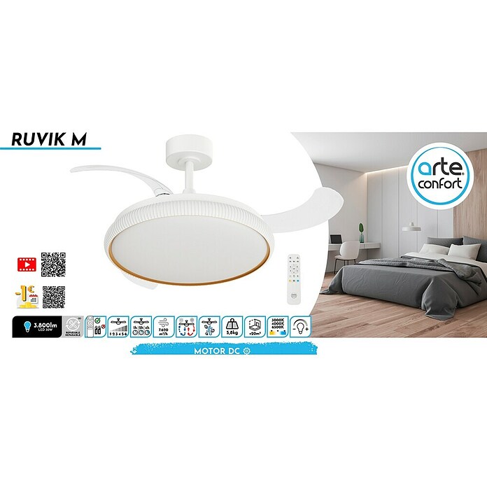 Arte confort Ventilador de techo Ruvik (Blanco, 107 cm, 25,5 W, Blanco cálido) | BAUHAUS