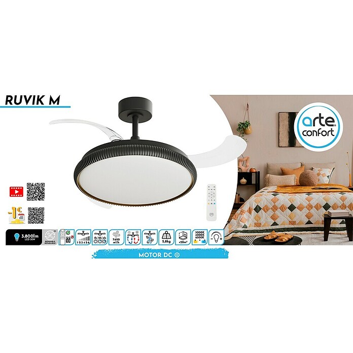 Arte confort Ventilador de techo Ruvik M (Negro, 107 cm, 25,5 W, Blanco cálido) | BAUHAUS