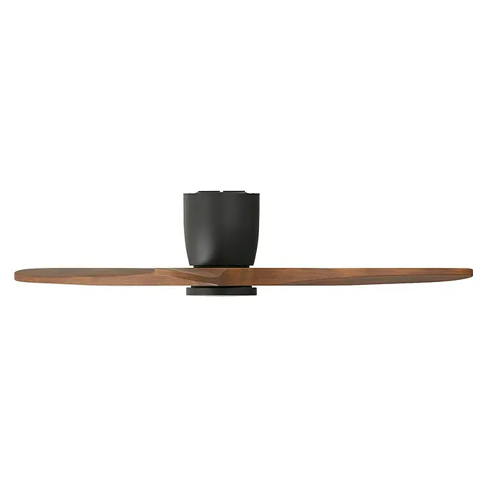 Arte confort Ventilador de techo Dasko - Negro, 132 cm, 33 W, Blanco cálido - Primer plano de un ventilador de techo con aspas de madera y una carcasa de motor cilíndrica oscura, mostrando un diseño moderno.
