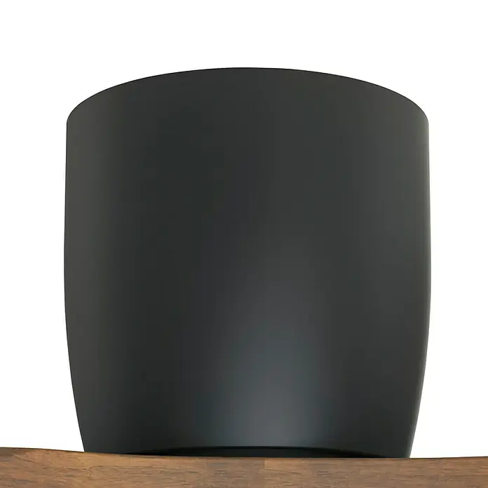 Arte confort Ventilador de techo Dasko - Negro, 132 cm, 33 W, Blanco cálido - Primer plano de una taza de café negra y sencilla con bordes redondeados sobre una superficie de madera. Diseño elegante y moderno.