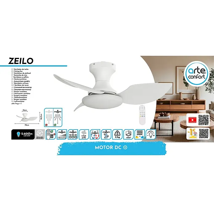 Arte confort Ventilador de techo Zeilo - Blanco, 79 cm, 30 W, Blanco cálido - La imagen muestra un ventilador de techo blanco ZEILO con iluminación LED, completo con un mando, sobre un fondo acogedor.