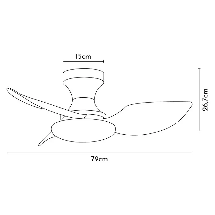 Arte confort Ventilador de techo Zeilo - Blanco, 79 cm, 30 W, Blanco cálido - Ilustración de un ventilador de techo de tres aspas con medidas: 15 cm (superior), 26,7 cm (altura) y 79 cm (ancho).