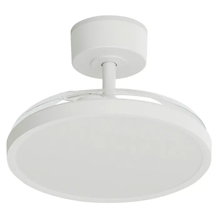 Arte confort Ventilador de techo Vetra S - Blanco, 91 cm, 30 W, Blanco cálido - Primer plano de un moderno ventilador de techo blanco. Su diseño elegante y su estética limpia lo convierten en un complemento elegante para cualquier habitación.