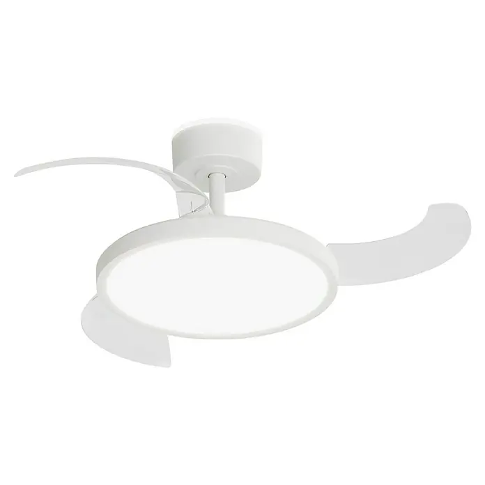 Arte confort Ventilador de techo Vetra S - Blanco, 91 cm, 30 W, Blanco cálido - Primer plano de un moderno ventilador de techo blanco con iluminación LED integrada, que ofrece un complemento elegante y funcional para cualquier habitación.