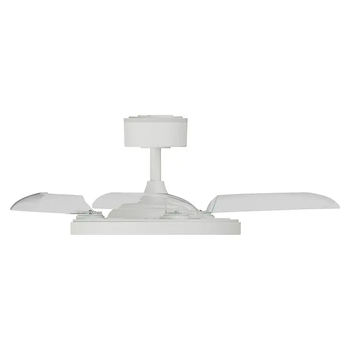 Arte confort Ventilador de techo Vetra S - Blanco, 91 cm, 30 W, Blanco cálido - Primer plano de una lámpara de techo blanca que muestra un diseño elegante y moderno con líneas limpias y una estética minimalista.