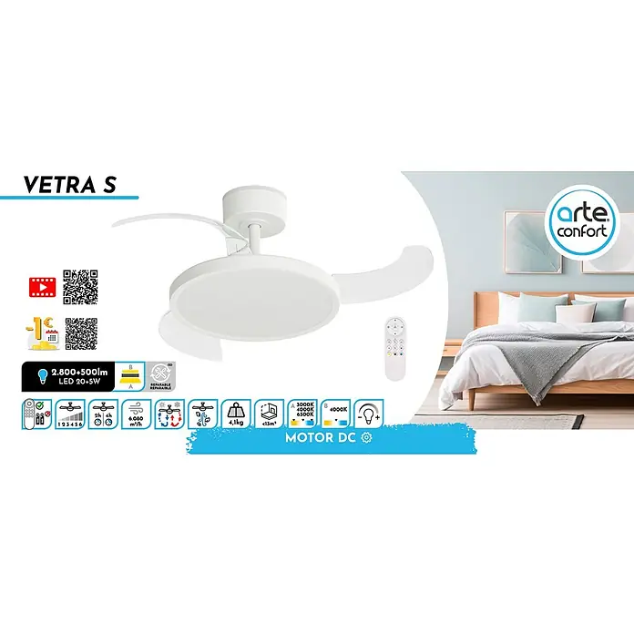Arte confort Ventilador de techo Vetra S - Blanco, 91 cm, 30 W, Blanco cálido - En la imagen se muestra un ventilador de techo blanco VETRA S con iluminación LED y control remoto. El dispositivo es reparable y tiene un motor de CC.
