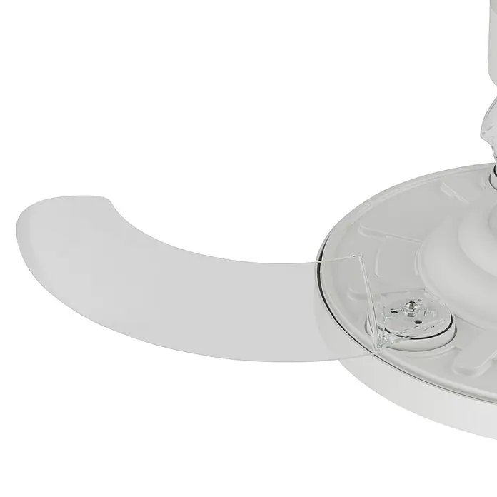 Arte confort Ventilador de techo Vetra S - Blanco, 91 cm, 30 W, Blanco cálido - Un primer plano de una aspa de ventilador blanca, que destaca elegantemente sobre un fondo negro. Las líneas limpias del aspa son claramente visibles.