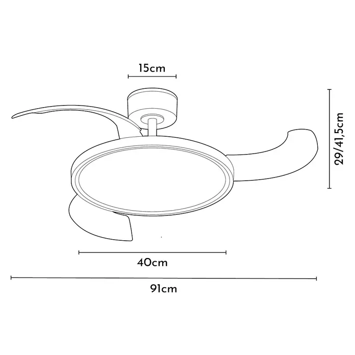 Arte confort Ventilador de techo Vetra S - Blanco, 91 cm, 30 W, Blanco cálido - Vista de un ventilador de techo con iluminación integrada e indicaciones de tamaño de los elementos en centímetros.