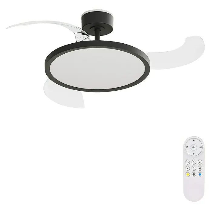 Arte confort Ventilador de techo Vetra M - Negro, 107 cm, 29,8 W, Blanco cálido - Ventilador de techo LED con control remoto para luz ambiental y circulación de aire. Diseño moderno para salones y dormitorios.