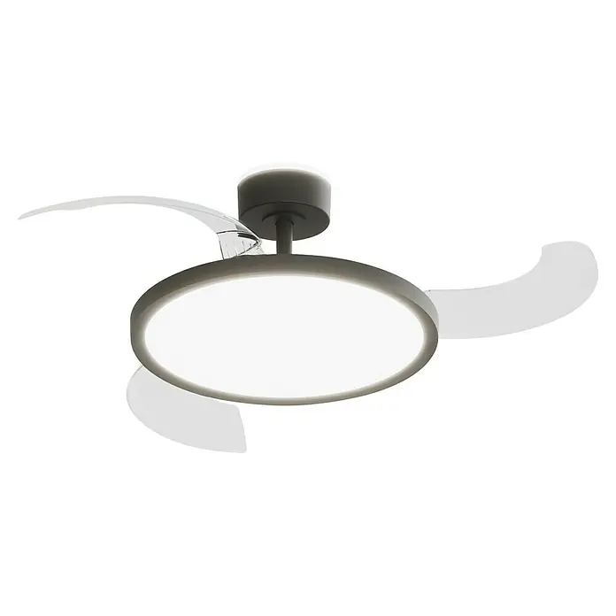 Arte confort Ventilador de techo Vetra M - Negro, 107 cm, 29,8 W, Blanco cálido - Primer plano de un ventilador de techo con luz LED redonda integrada, que proporciona una luz brillante y uniforme para un ambiente moderno.