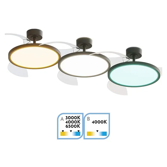Arte confort Ventilador de techo Vetra M - Negro, 107 cm, 29,8 W, Blanco cálido - La imagen muestra una lámpara de techo con temperaturas de color variables, ajustable a 3000K, 4000K y 6500K.