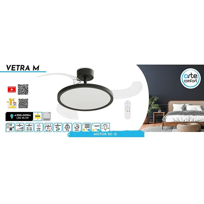 Arte confort Ventilador de techo Vetra M - Negro, 107 cm, 29,8 W, Blanco cálido - Imagen de un ventilador de techo Arteconfort VETRA M con iluminación LED y mando a distancia, ideal para habitaciones de hasta 20m².