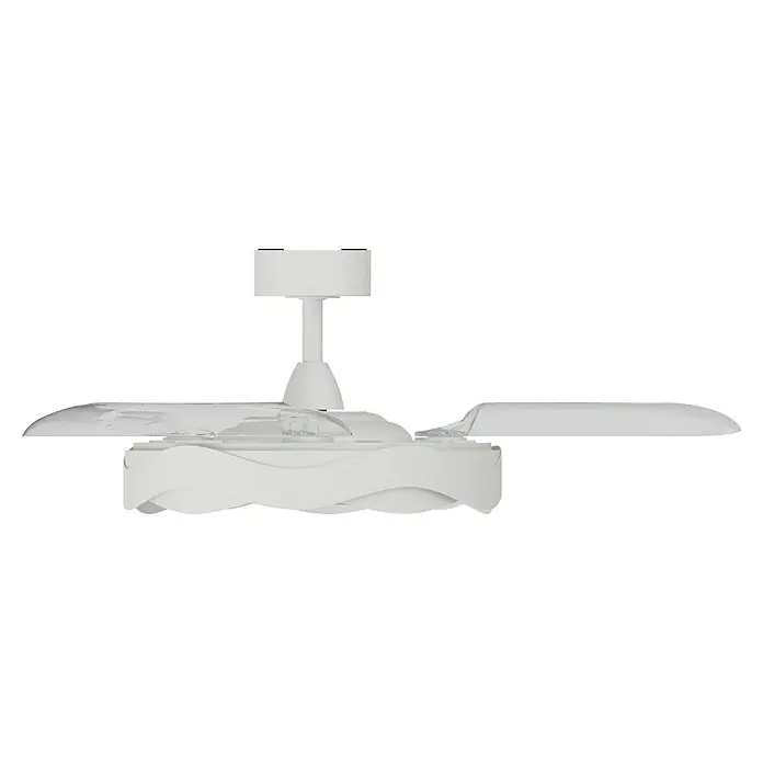Arte confort Ventilador de techo Yeron M - Blanco, 107 cm, 29,3 W, Blanco cálido - Primer plano de un ventilador de techo blanco con carcasa curvada y aspas transparentes, diseñado para una estética de sala moderna.