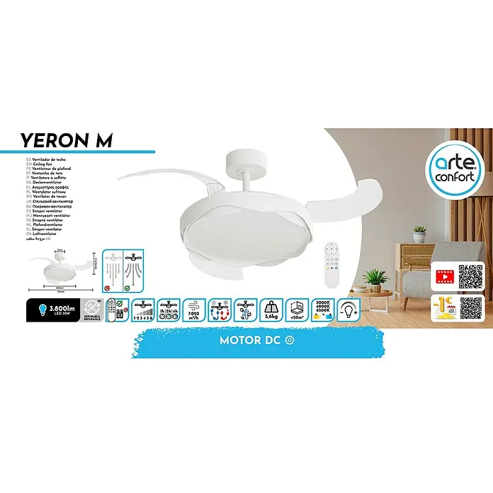 Arte confort Ventilador de techo Yeron M - Blanco, 107 cm, 29,3 W, Blanco cálido - Ventilador de techo YERON M con iluminación LED y control remoto para un ambiente agradable en cada habitación.