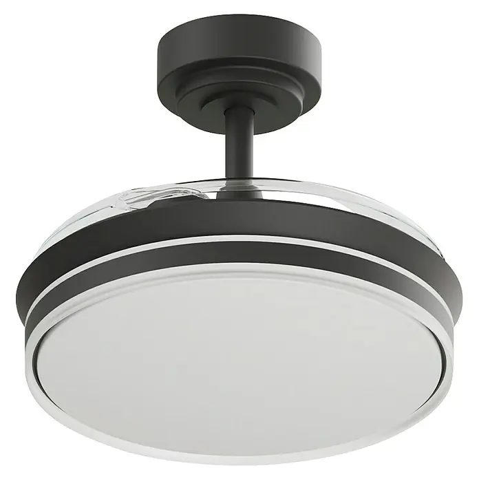 Arte confort Ventilador de techo Tivar S - Negro, 91 cm, 30 W, Blanco cálido - Primer plano de un moderno ventilador de techo con una pantalla redonda y un diseño elegante en color oscuro.