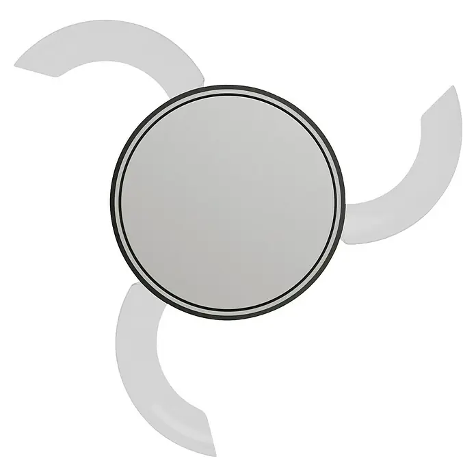 Arte confort Ventilador de techo Tivar S - Negro, 91 cm, 30 W, Blanco cálido - Representación gráfica de un círculo gris con bordes negros, rodeado de elementos curvos gris claro sobre un fondo negro.