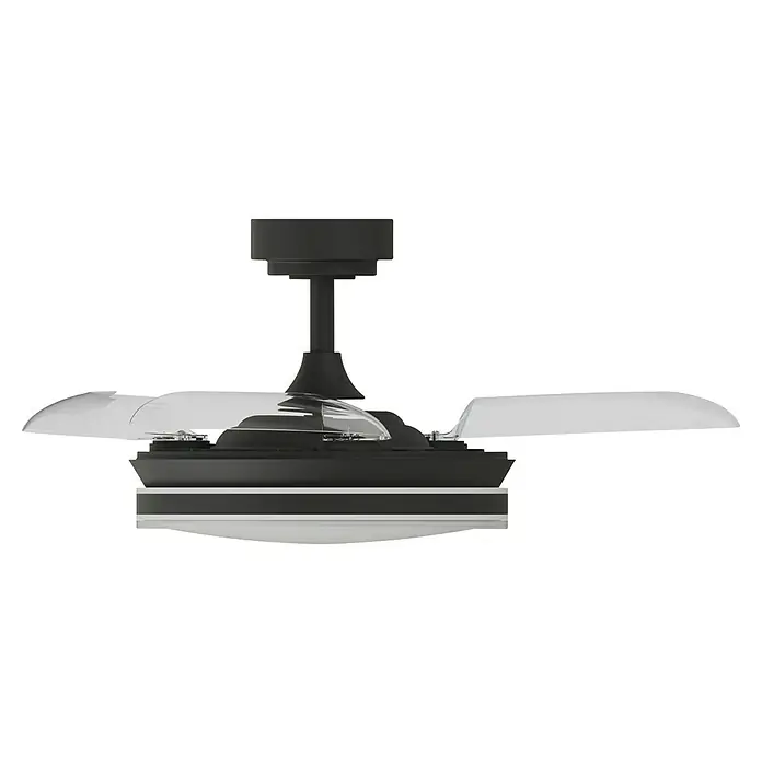 Arte confort Ventilador de techo Tivar S - Negro, 91 cm, 30 W, Blanco cálido - Vista de una lámpara de techo moderna con pantallas transparentes y un diseño negro elegante, ideal para interiores con estilo.