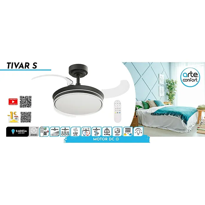 Arte confort Ventilador de techo Tivar S - Negro, 91 cm, 30 W, Blanco cálido - La imagen muestra un moderno ventilador de techo TIVAR S con iluminación LED, control remoto y varios detalles técnicos mostrados.