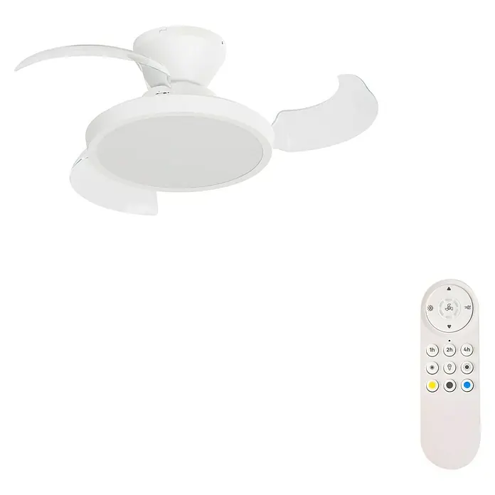 Arte confort Ventilador de techo Nuna XS - Blanco, 71 cm, 30 W, Blanco cálido - Un ventilador de techo blanco con iluminación integrada y un mando a distancia para un uso práctico.