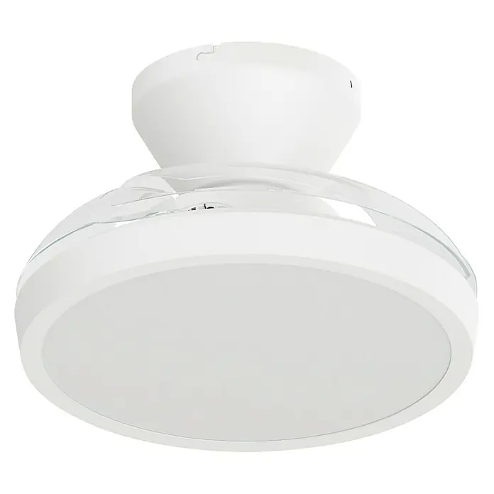 Arte confort Ventilador de techo Nuna XS - Blanco, 71 cm, 30 W, Blanco cálido - Primer plano de una lámpara de techo redonda y blanca con detalles decorativos transparentes, creando un ambiente luminoso y moderno.
