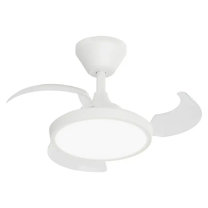 Arte confort Ventilador de techo Nuna XS - Blanco, 71 cm, 30 W, Blanco cálido - Primer plano de un moderno ventilador de techo blanco con iluminación LED integrada, ideal para una refrigeración elegante y eficiente.