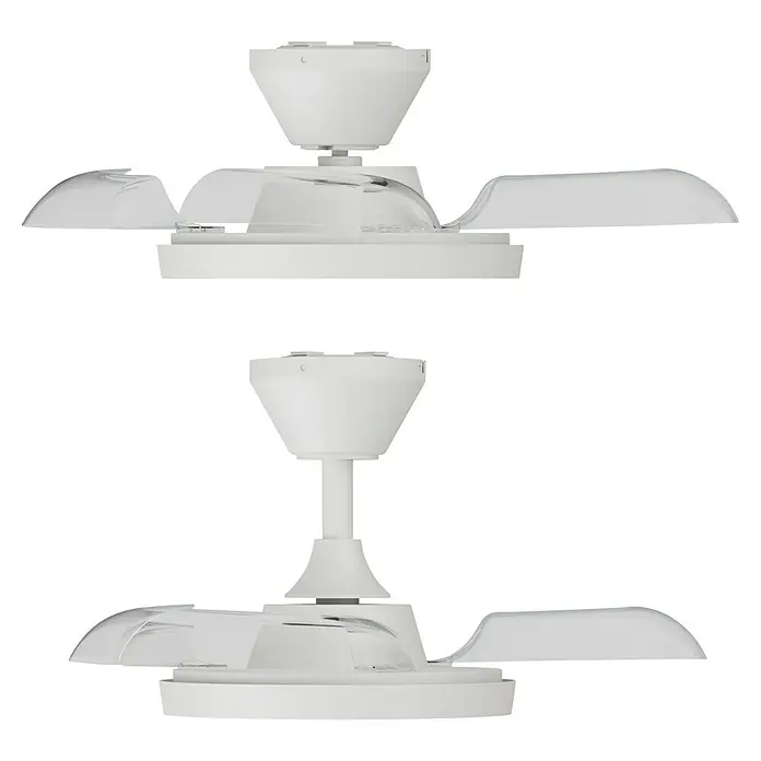 Arte confort Ventilador de techo Nuna XS - Blanco, 71 cm, 30 W, Blanco cálido - Primer plano de dos ventiladores de techo blancos, destacando el diseño elegante y la funcionalidad del aparato.