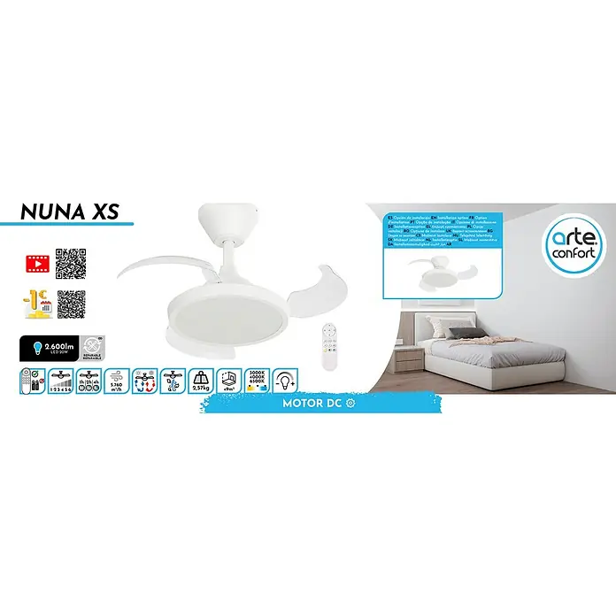 Arte confort Ventilador de techo Nuna XS - Blanco, 71 cm, 30 W, Blanco cálido - Imagen del producto del ventilador de techo NUNA XS con iluminación LED y control remoto, ideal para habitaciones de hasta 9m³, con temperatura de color ajustable.