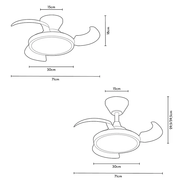 Arte confort Ventilador de techo Nuna XS - Blanco, 71 cm, 30 W, Blanco cálido - Diagrama de un ventilador de techo con luz LED, incluidas sus dimensiones para la instalación.