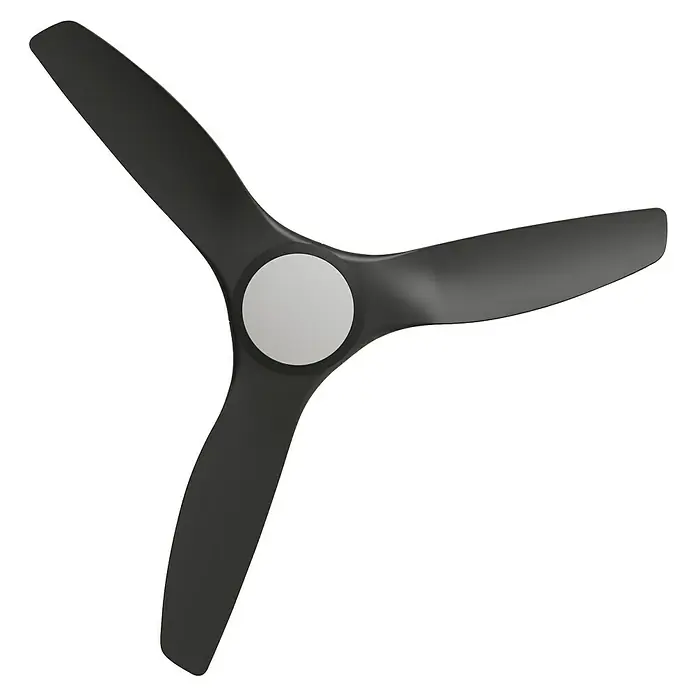 Arte confort Ventilador de techo Velez - Negro, 132 cm, 35 W, Blanco neutro - Imagen de un ventilador de techo de tres palas con un diseño oscuro y una cubierta central plateada para interiores modernos.