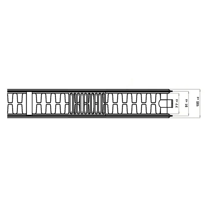 Flachheizkörper - B x H: 1.800 x 500 mm, Wärmeleistung bei Vorlauftemperatur von 75 °C (D: 50): 2.565 W, Typ Heizkörper: 22 - Zeichnung einer Isolierplatte mit Maßen. Die Platte besteht aus mehreren verbundenen Elementen.