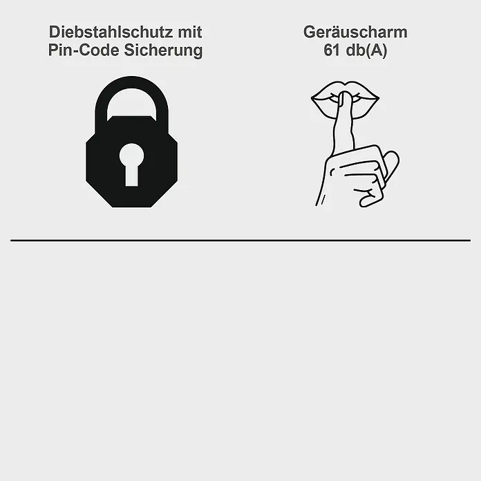 Scheppach Mähroboter RRMA300 - Max. Flächenempfehlung: 300 m², Schnittbreite: 160 mm, Begrenzungskabel - Abbildung eines Fahrradschlosses mit PIN-Code-Sicherung und einer Hand, die zum Schweigen auffordert, was auf Geräuscharmut hindeutet.