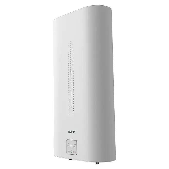Rointe Termo eléctrico Luxe Slim - 80 l, 2.000 W, Montaje en la pared - Primer plano de un calentador de agua Rointe blanco y moderno con controles digitales y un elegante patrón de puntos.