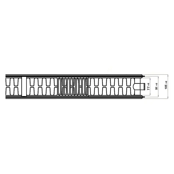 Flachheizkörper - B x H: 800 x 900 mm, Wärmeleistung bei Vorlauftemperatur von 75 °C (D: 50): 1.828 W, Typ Heizkörper: 22 - Detailansicht eines linearen Entwässerungssystems mit Abmessungen für technische Zeichnungen.