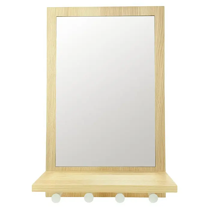 Espejo de pared Perchero Kitty - 30 x 48 cm, Natural - Espejo con marco de madera con estante y ganchos para baño o pasillo.