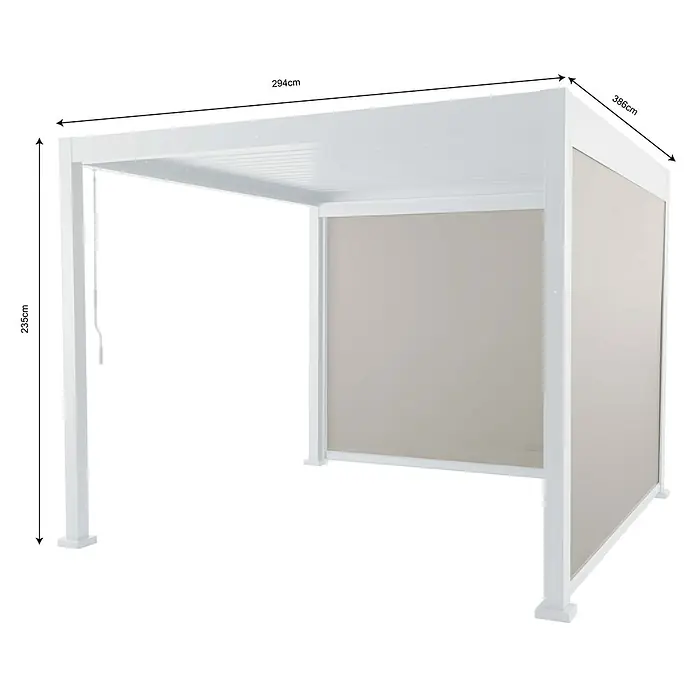Sunfun Milos Pérgola estándar con laterales - L x An x Al: 294 x 386 x 235 cm, Aluminio, Blanco - Imagen de una pérgola de jardín blanca con dimensiones 294 x 386 x 235 cm.