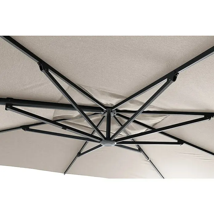 Sunfun Parasol de jardín Corfu - Crudo, 400 x 300 cm, Aluminio - Primer plano de la parte inferior de una sombrilla de exterior, con estructura metálica negra y tela beige.