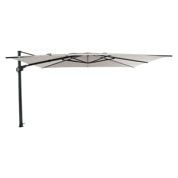 Sunfun Parasol de jardín Corfu - Crudo, 400 x 300 cm, Aluminio - Primer plano de una sombrilla de patio voladiza beige con marco gris. La sombrilla proporciona sombra y es una gran solución de protección solar.