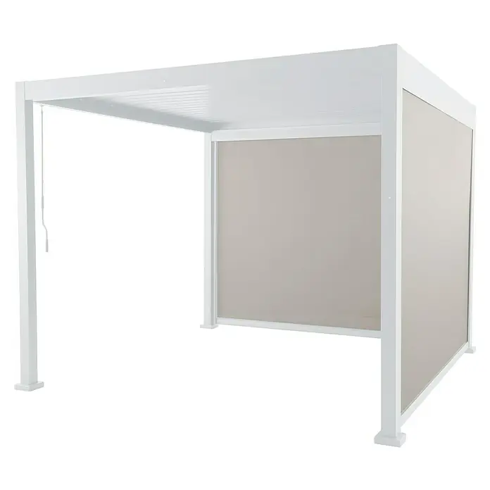 Sunfun Milos Pérgola estándar con laterales - L x An x Al: 294 x 386 x 235 cm, Aluminio, Blanco - Una pérgola blanca moderna con un panel lateral, que proporciona sombra y privacidad, perfecta para relajarse en el jardín.