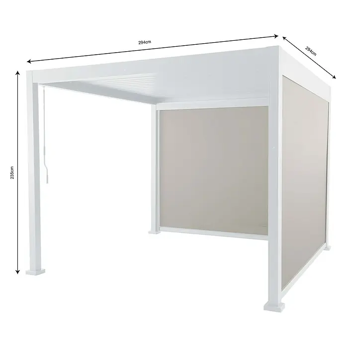 Sunfun Milos Pérgola estándar con laterales - L x An x Al: 294 x 294 x 235 cm, Aluminio, Blanco - Imagen de una glorieta blanca con dimensiones de 294 cm x 294 cm y una altura de 235 cm. La glorieta está parcialmente cubierta con paneles de tela gris claro.