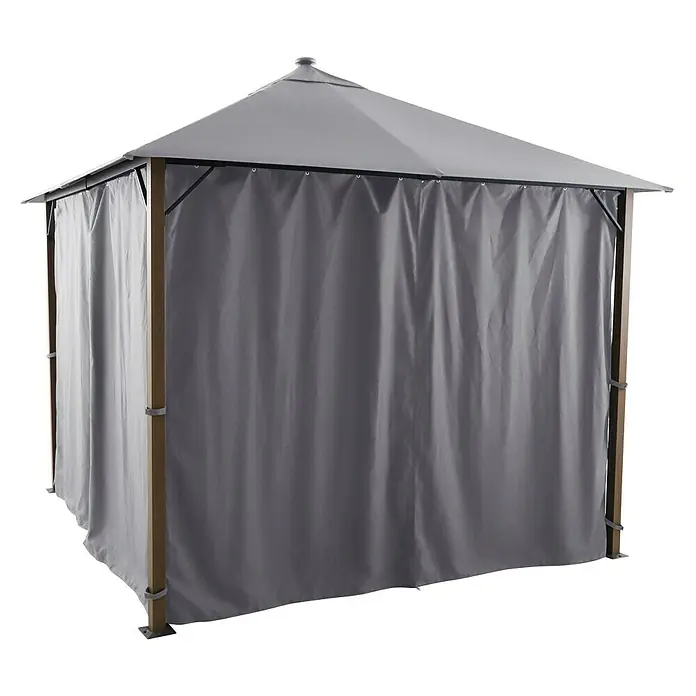 Sunfun Techo de repuesto + cortinas laterales Mauricio - An x Pr: 299 x 299 cm, Gris - Imagen de un gazebo con cortinas grises y postes de madera. El gazebo ofrece refugio y privacidad para espacios exteriores.